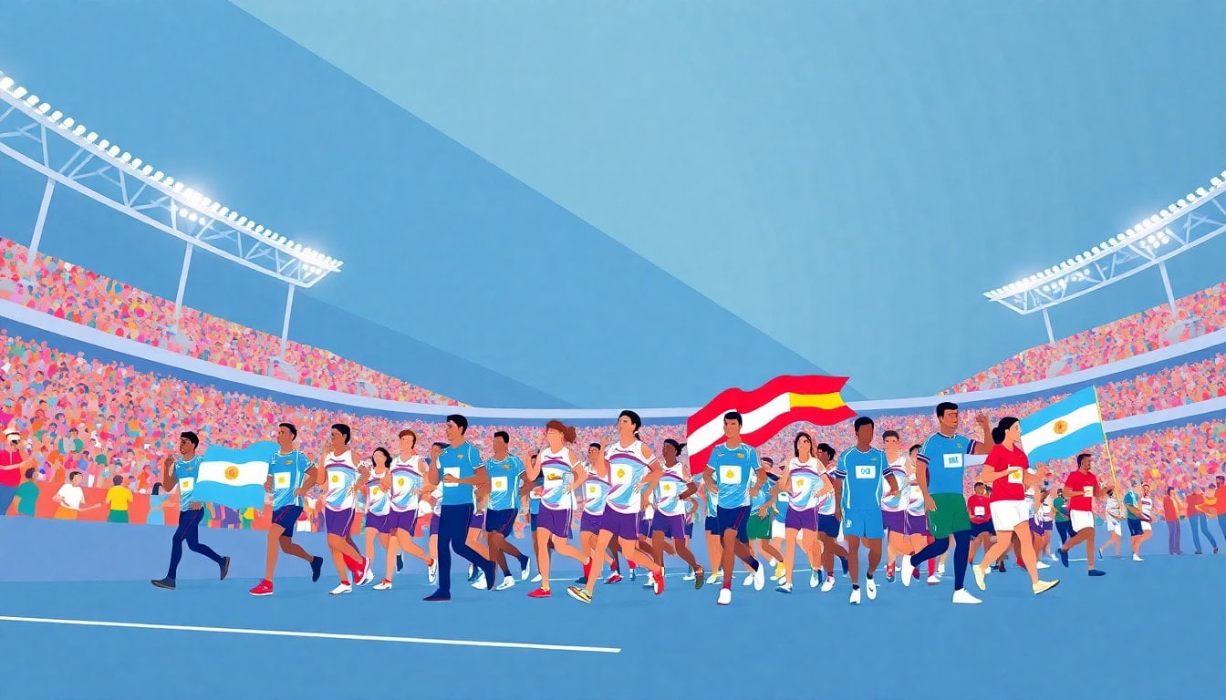 argentinian athletes marching during the closing ceremony of the South American Games in Santa Fe, colorful flags, stadium lights, festive atmosphere