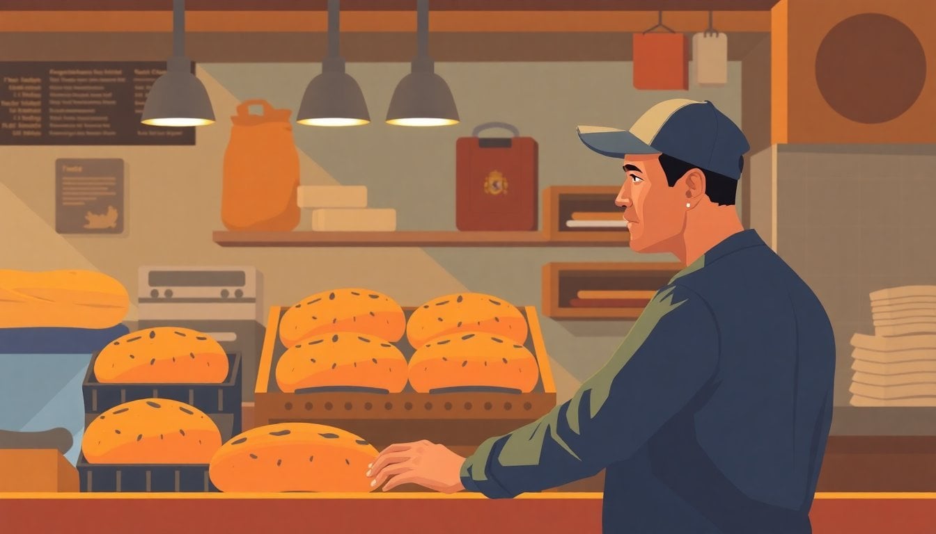 Argentine immigrant worker at a Spanish bakery counter, freshly baked bread on display, warm indoor light, no faces visible