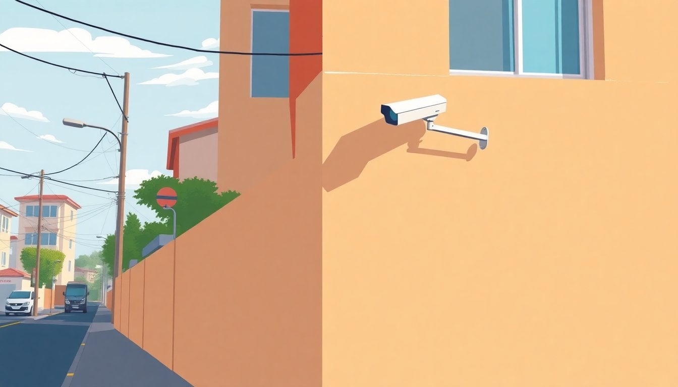 residential neighborhood wall in La Plata Argentina with security camera mounted on corner, suburban street, afternoon light