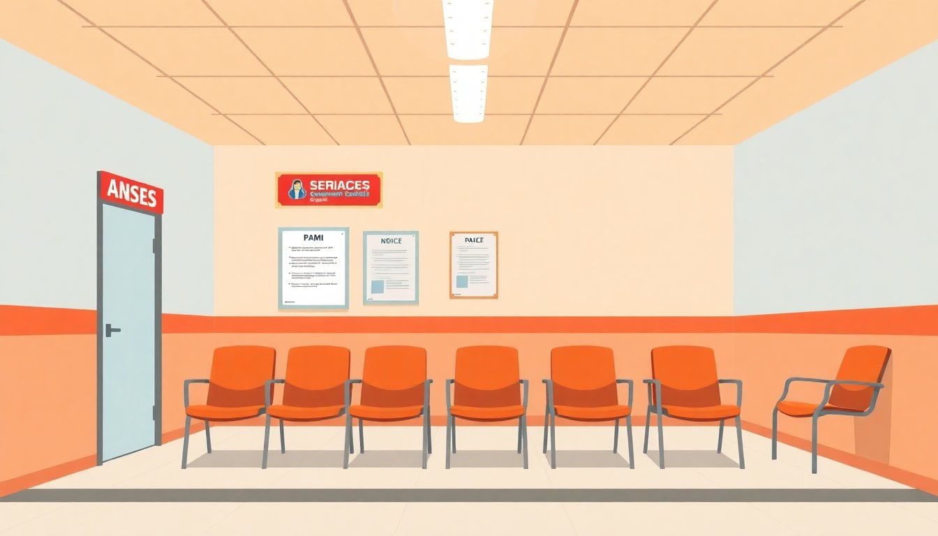 Closed government service office with ANSES and PAMI signage, empty waiting room chairs, notice board, fluorescent lighting, no people visible