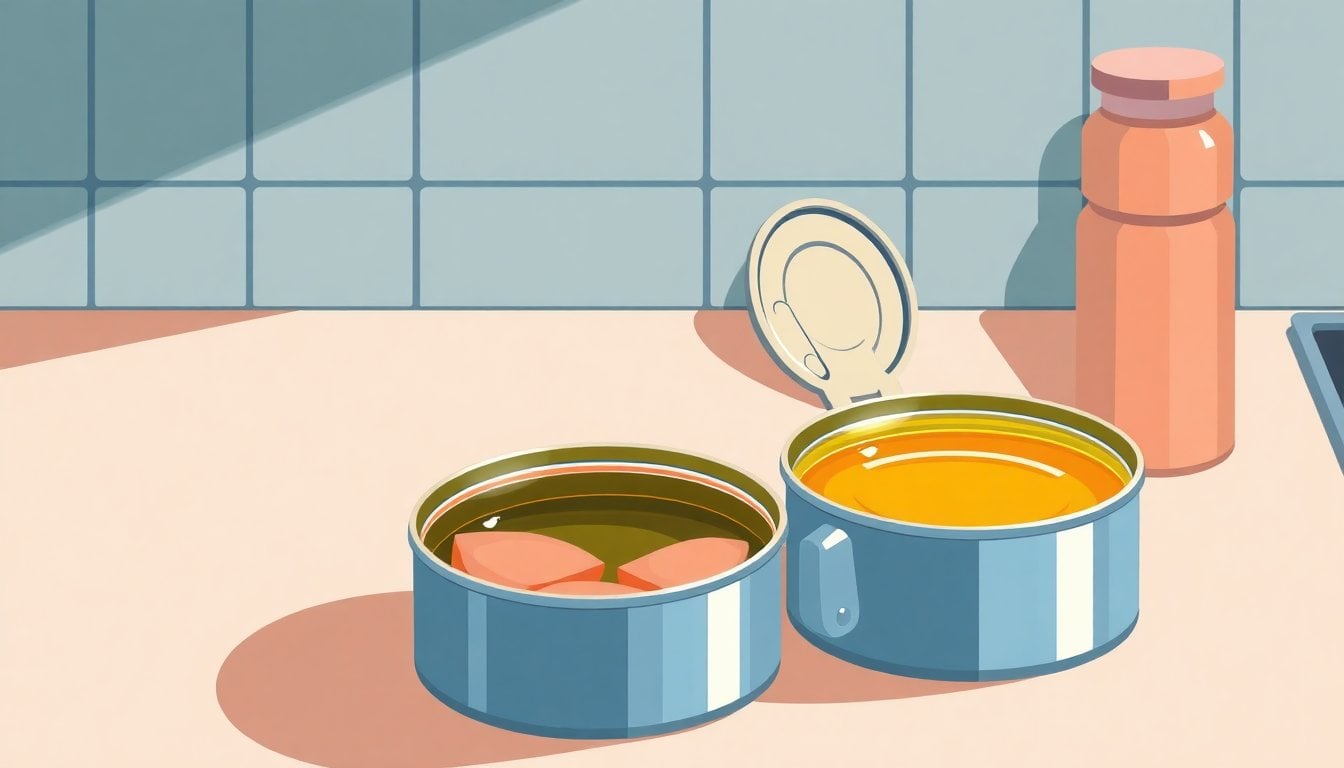 canned tuna cans open on kitchen counter, one in water one in olive oil, close-up, natural light, no people