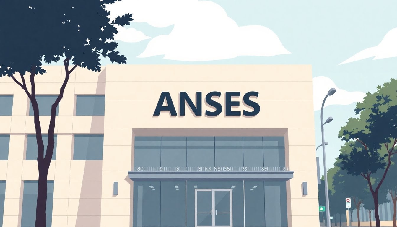 ANSES office building facade in Buenos Aires, Argentina, institutional signage visible, daylight, no people