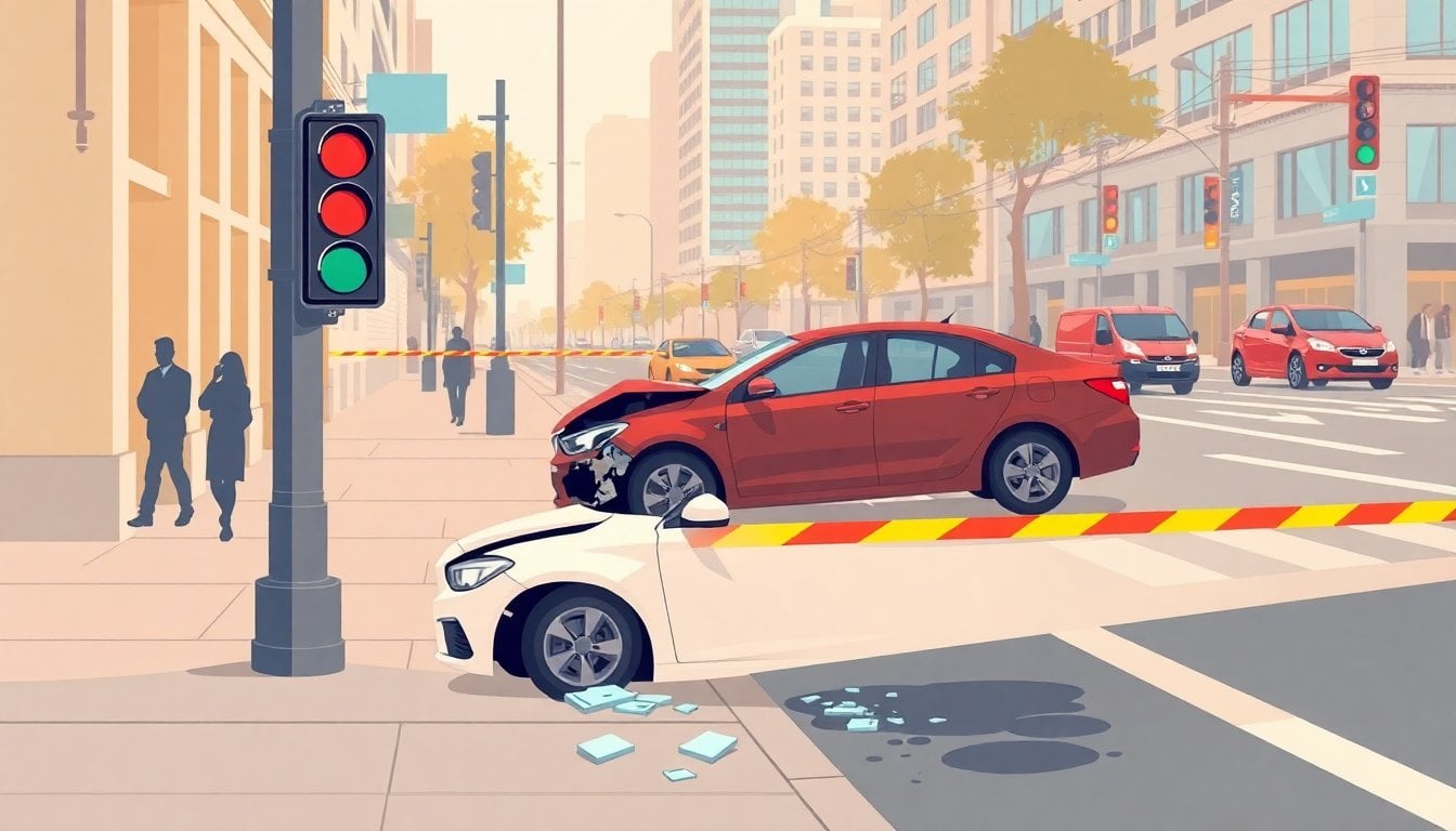 damaged car on a city sidewalk beside a traffic light pole, shattered glass on pavement, emergency tape in a busy street, no people visible