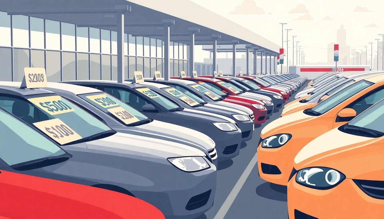 rows of used cars parked at an Argentine dealership lot, price signs on windshields, overcast daylight, no people visible