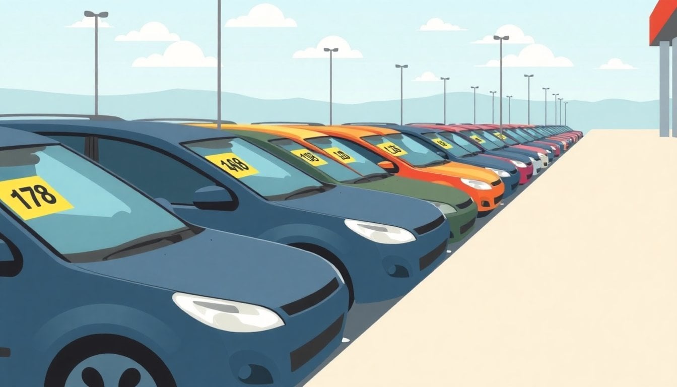 rows of used cars at an outdoor Argentine car dealership lot, price tags on windshields, sunny day, no people visible