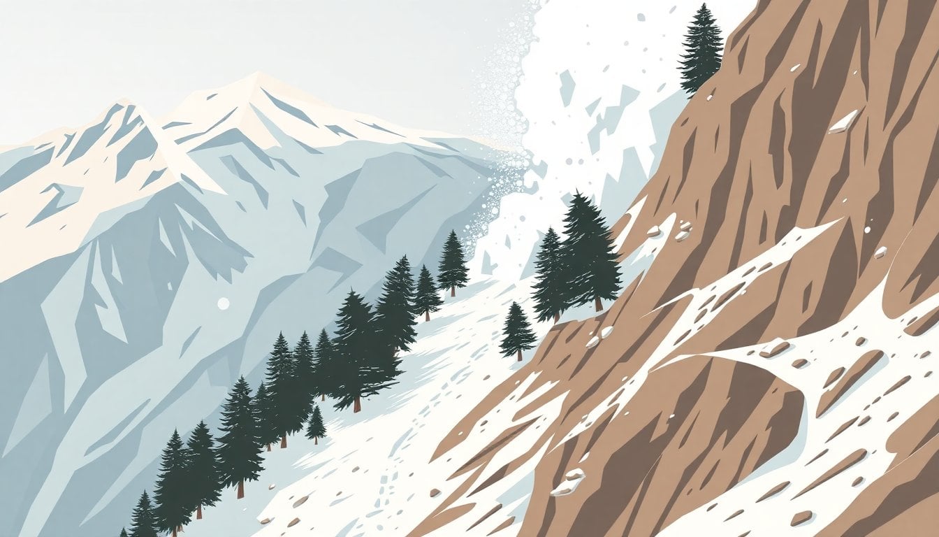 snow avalanche on steep mountain slope in Patagonia Argentina, pine trees partially buried, dramatic white powder cloud descending, no people visible