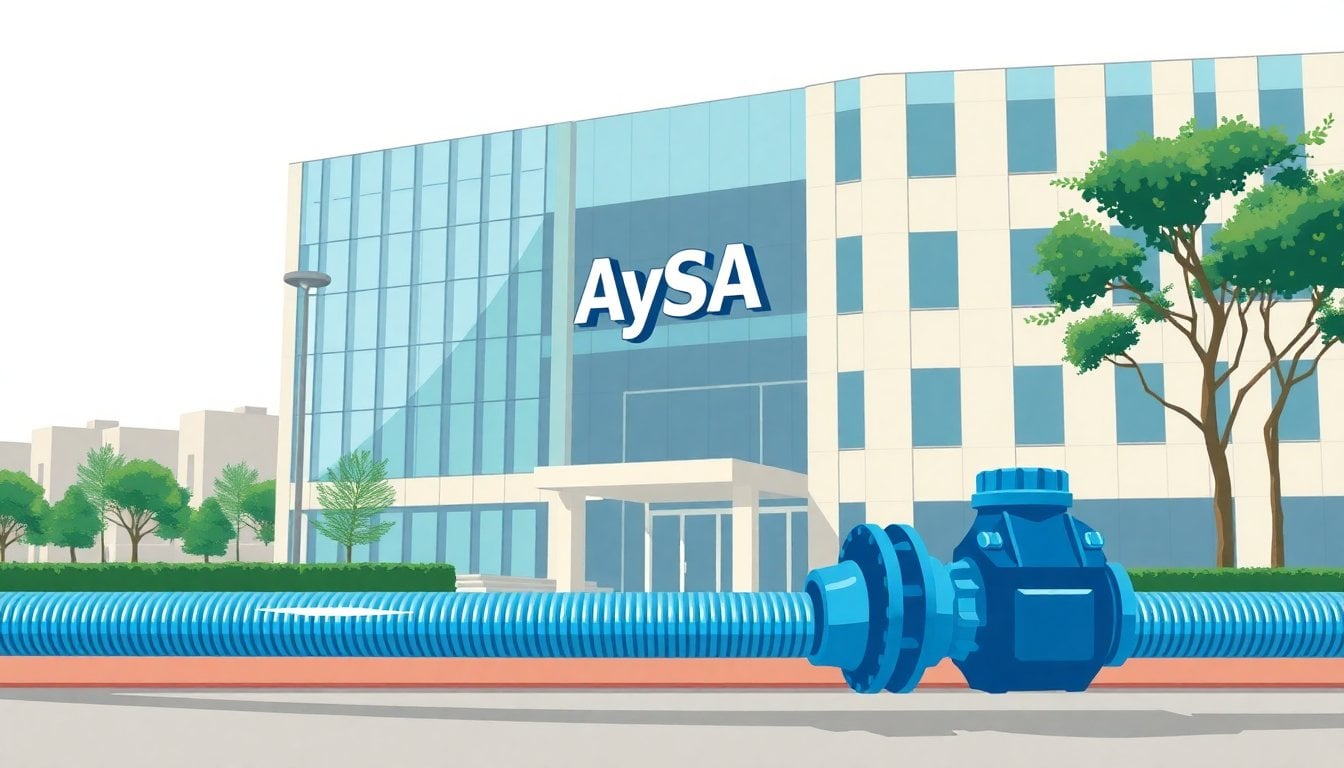 AySA headquarters building in Buenos Aires, modern glass facade, utility water pipes or blue water-themed details in foreground, daylight, no people visible