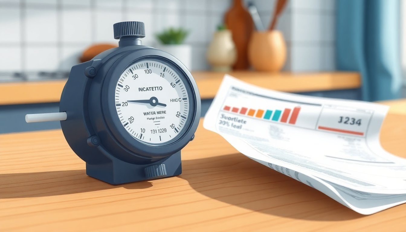water meter and residential utility bill on a kitchen table in Buenos Aires, close-up, daylight, no people visible