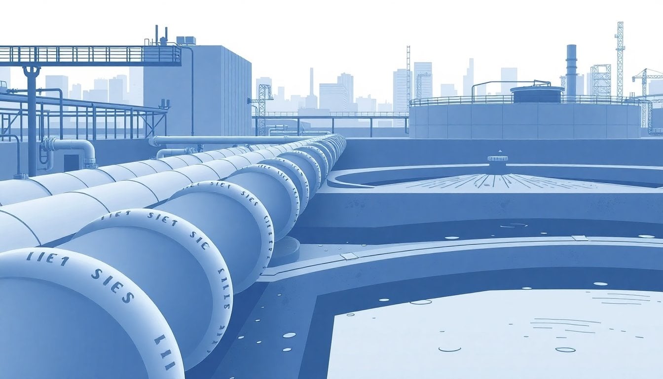 water treatment plant pipes and settling tanks in the Buenos Aires metropolitan area, industrial infrastructure, overcast daylight, no people visible