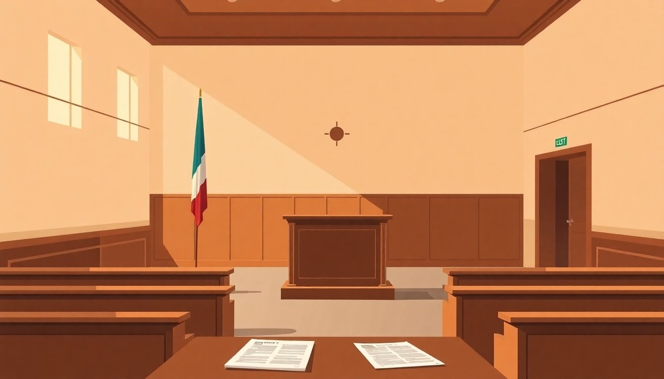 courtroom interior in Buenos Aires with empty witness stand, wooden benches, legal documents on table, subdued daylight, tense atmosphere
