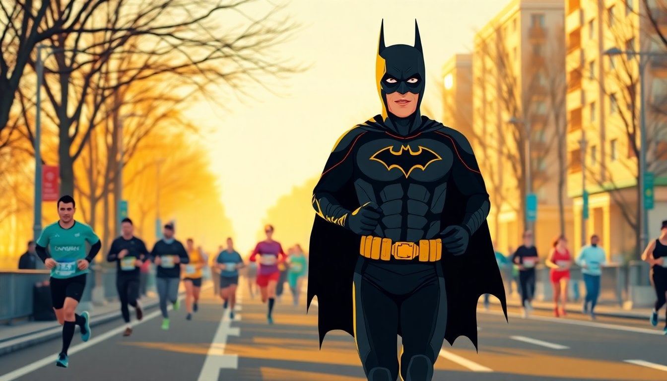 runner in Batman costume on urban marathon route, Buenos Aires Palermo park, early morning winter light, crowd of runners in background