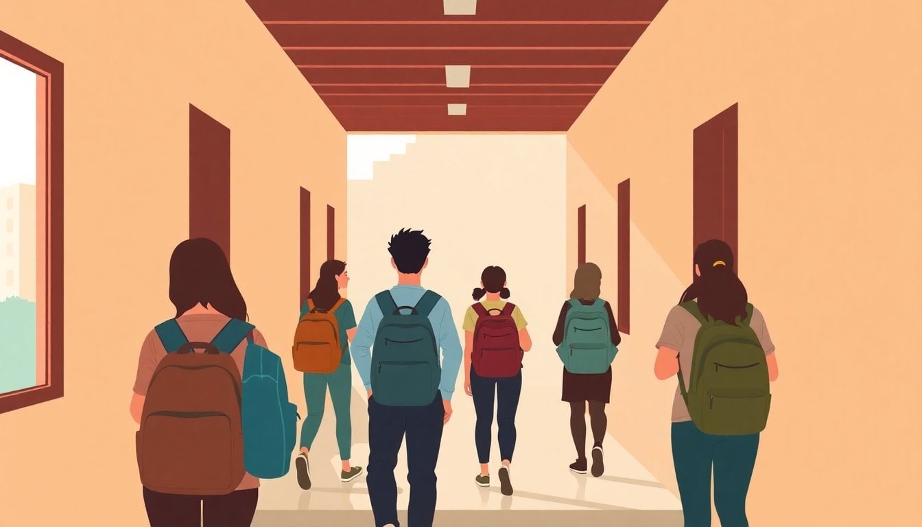 Argentine university students in a campus hallway with backpacks, natural light through corridor windows, no identifiable faces