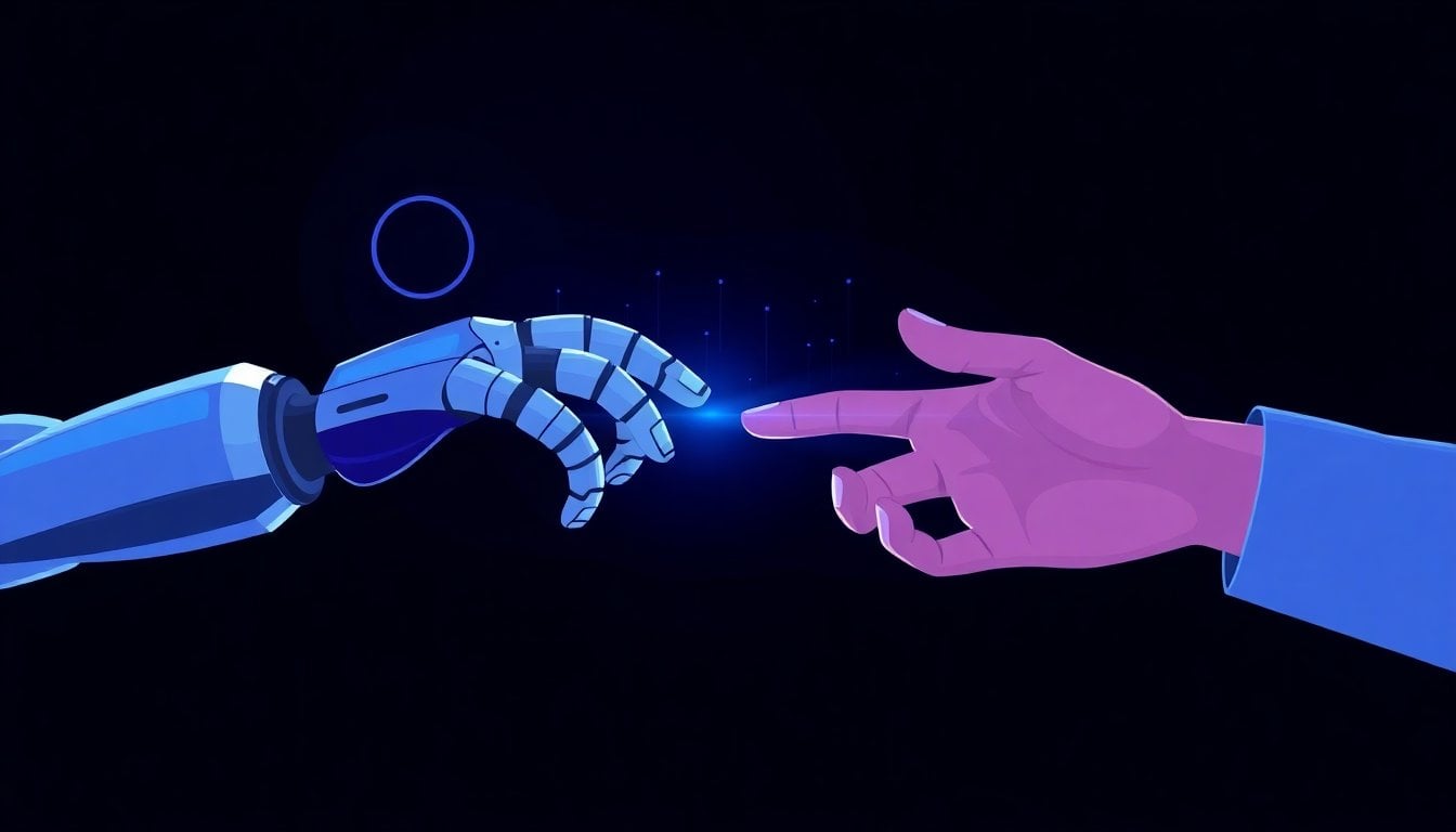 humanoid robot and human hands reaching toward each other over a glowing digital interface, symbolic AI collaboration, dark background with blue light accents