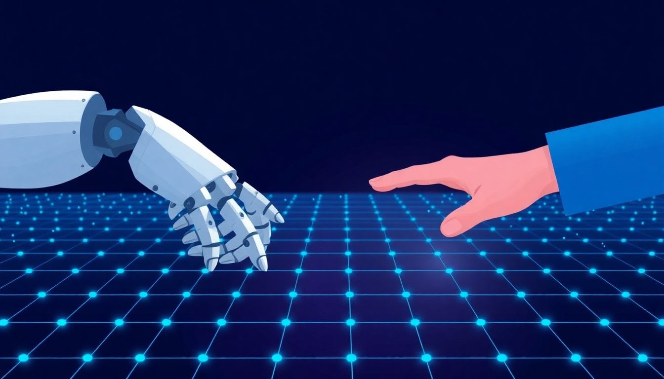 humanoid robot hand and human hand reaching toward each other over a glowing digital network grid, dark background, conceptual AI ethics scene