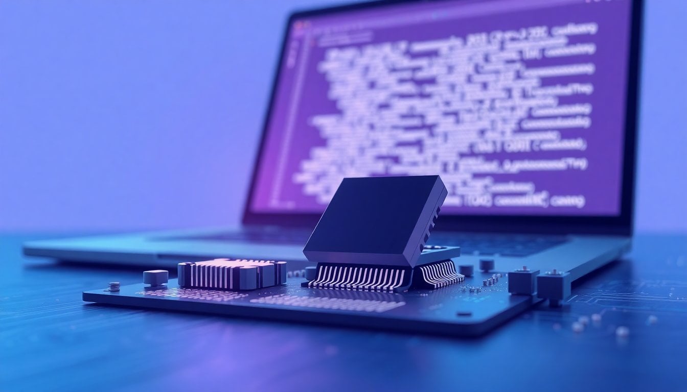 close-up of an AI chip on a circuit board with glowing data lines, a laptop screen showing machine learning code in the background, dark studio lighting