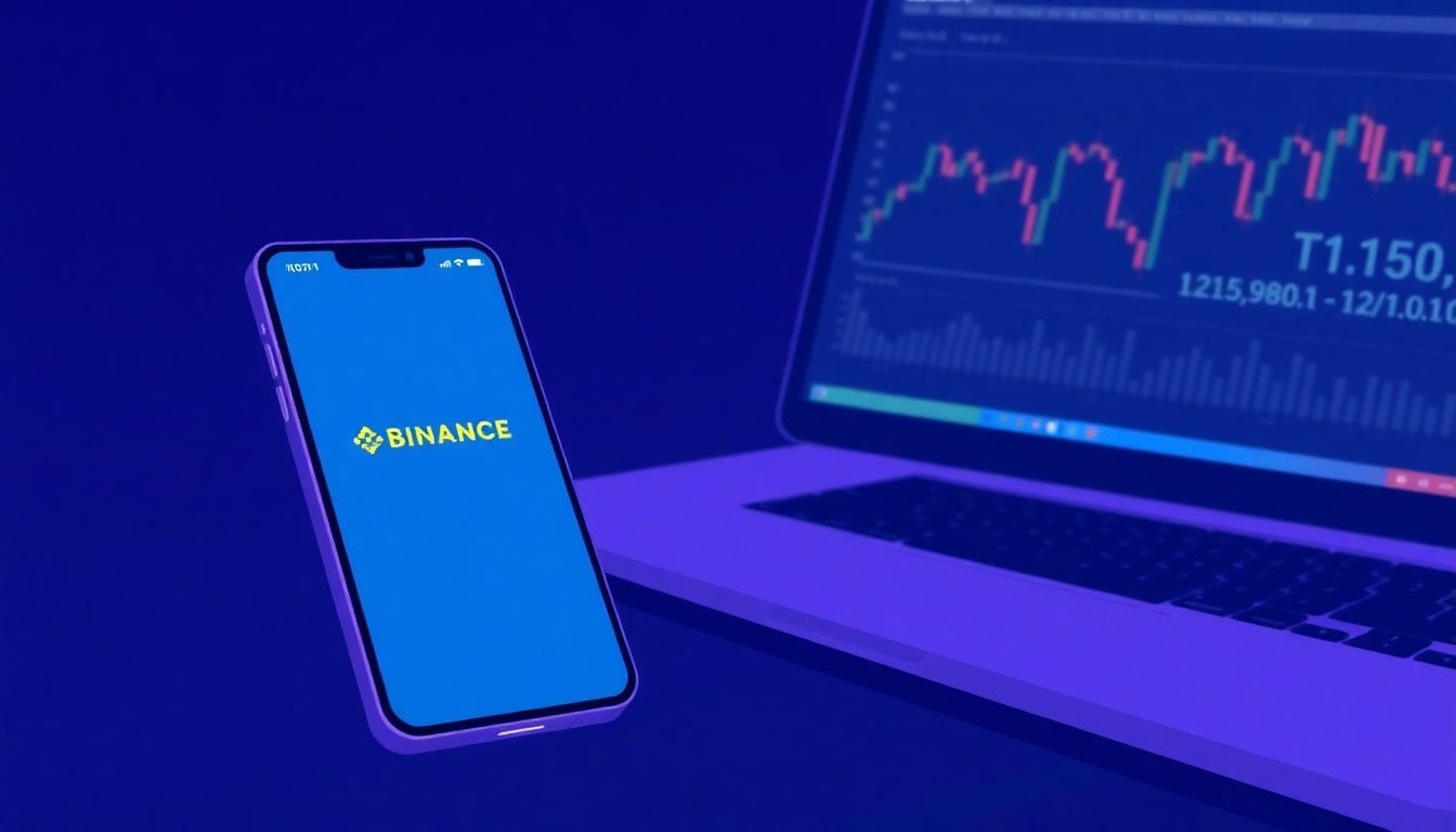close-up of a smartphone showing Binance app screen beside a laptop with cryptocurrency transfer logs and price charts, dark desk, no people visible