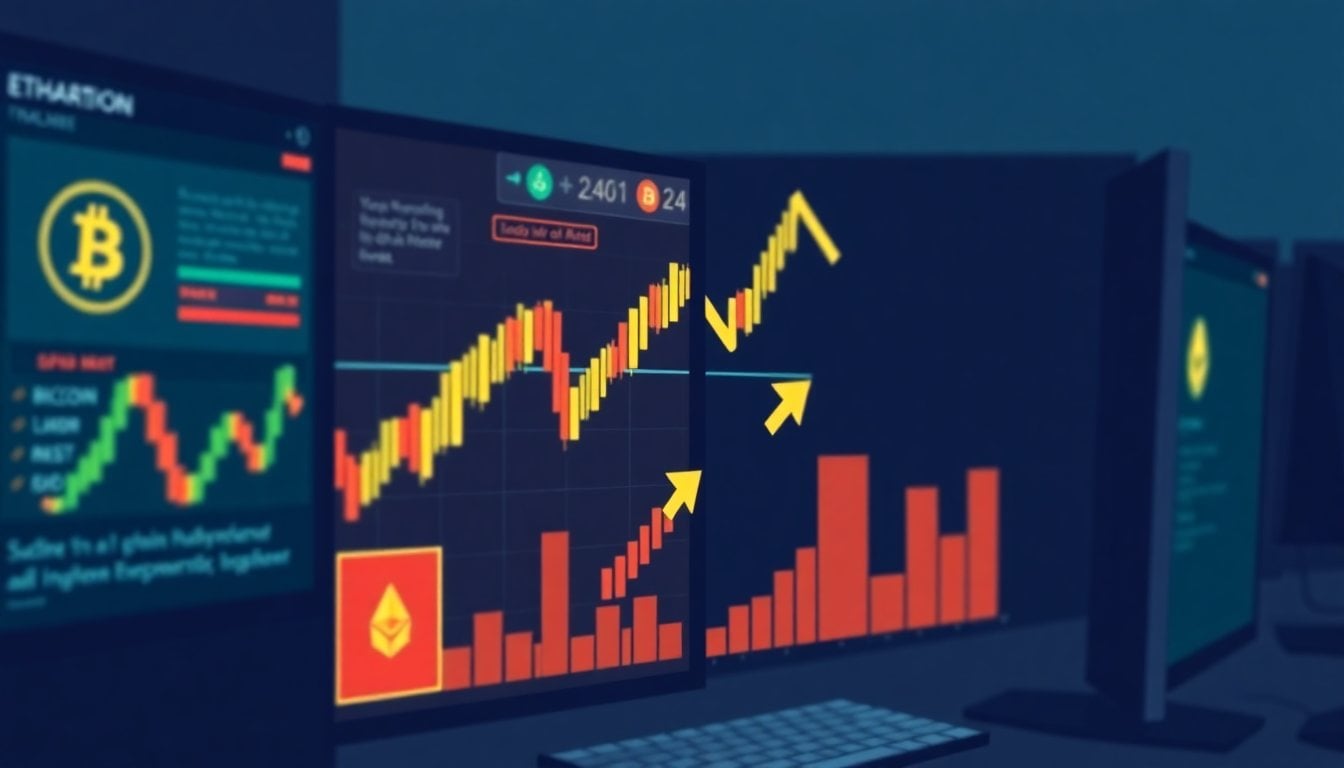 close-up of a glowing cryptocurrency exchange dashboard with Bitcoin and Ethereum icons, security alert warning, dark office monitors, no people visible