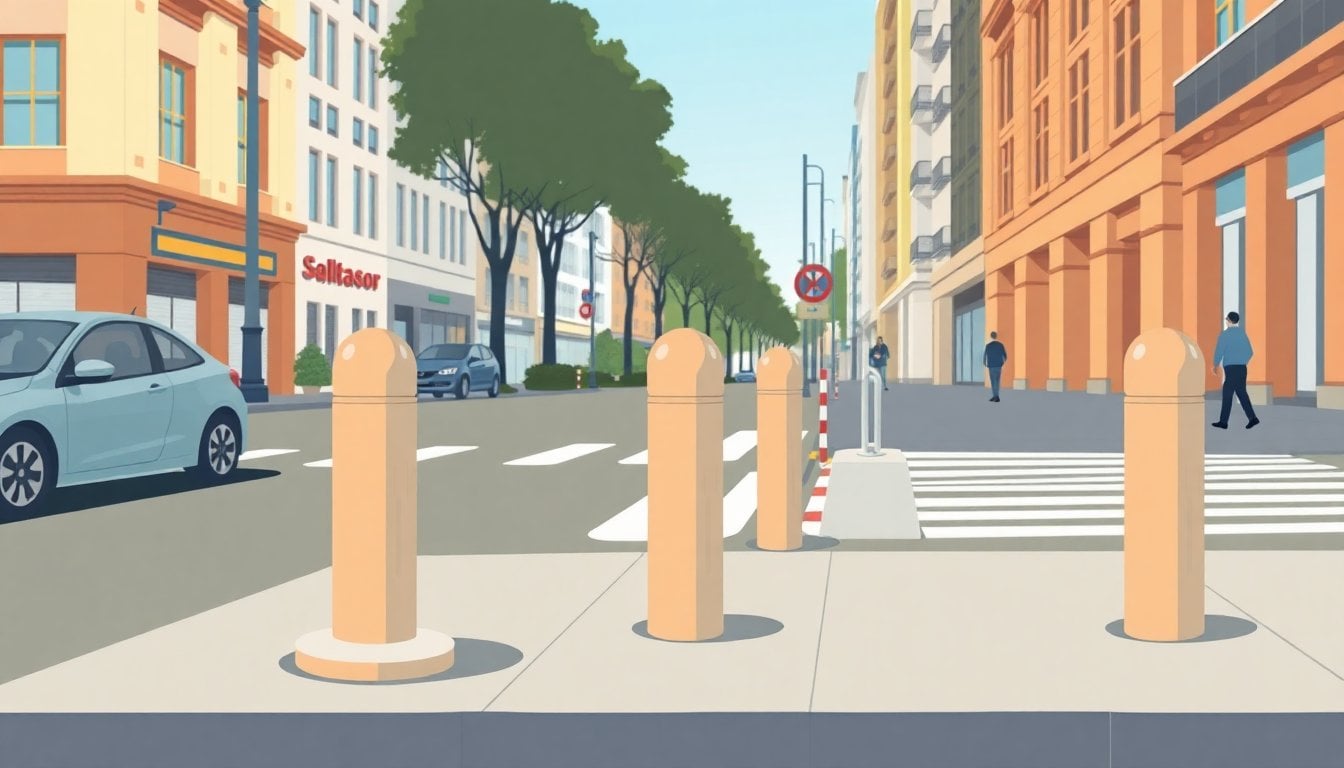 concrete bollards on Buenos Aires sidewalk, round cement barriers protecting pedestrian zone, urban street, daytime
