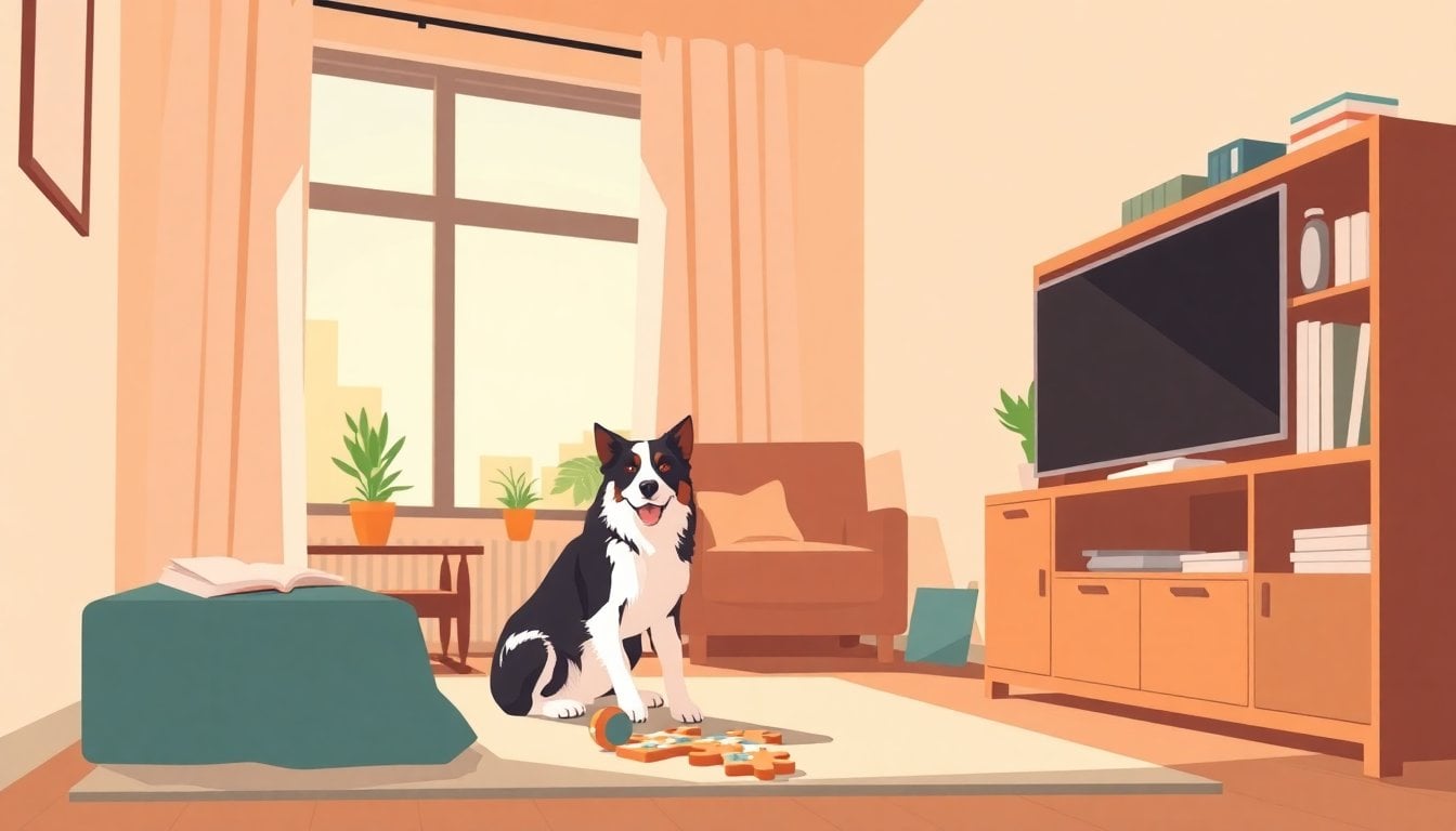 border collie dog indoors in a small apartment living room, toy puzzle on the floor, daylight through window, no people visible