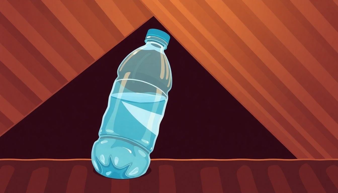 plastic PET bottle filled with clear water inserted into corrugated metal roof, sunlight refracting through bottle into dark room interior, close-up detail