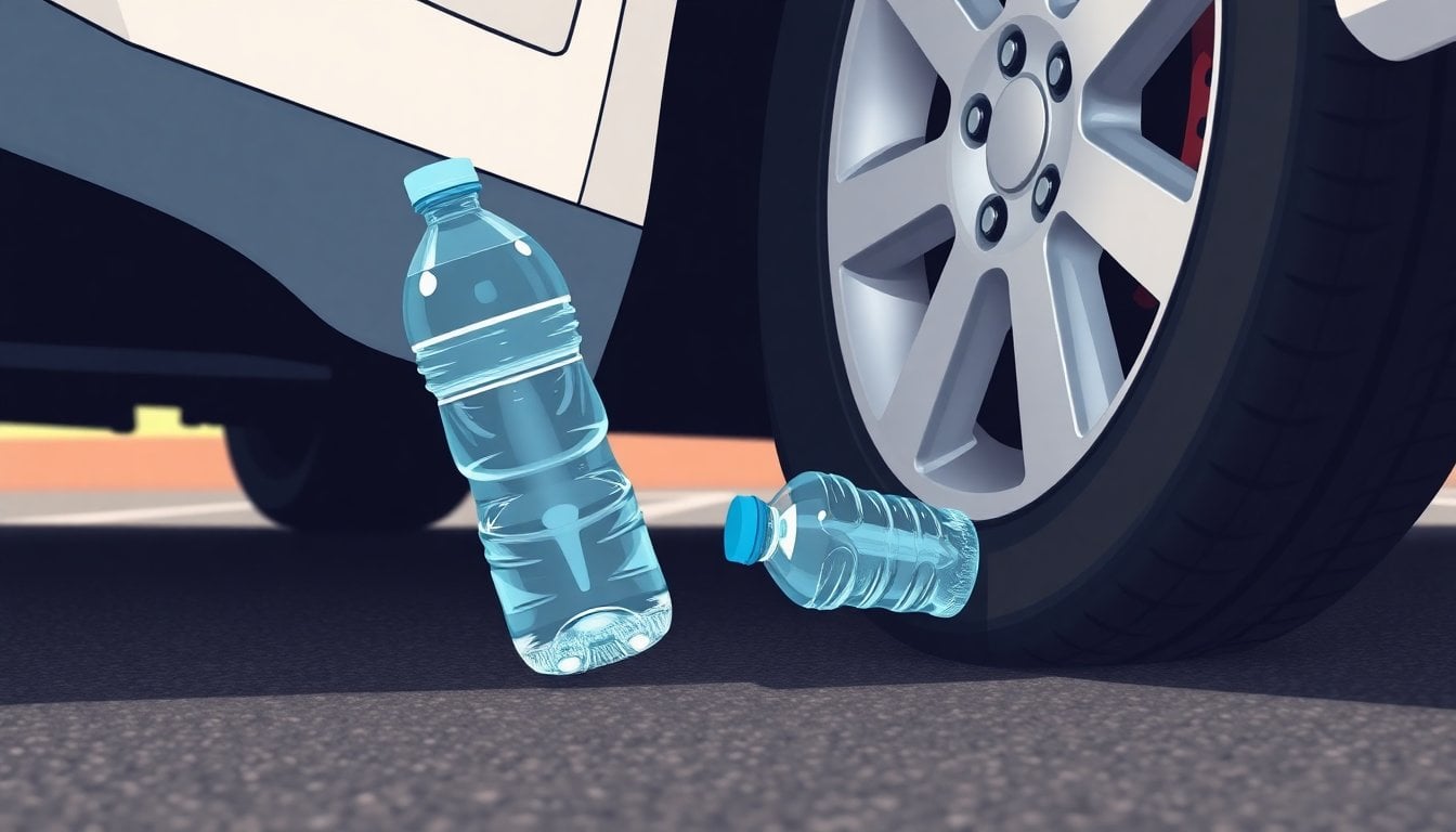 plastic water bottle wedged against car tire in parking lot, close-up ground level view, asphalt background, daylight
