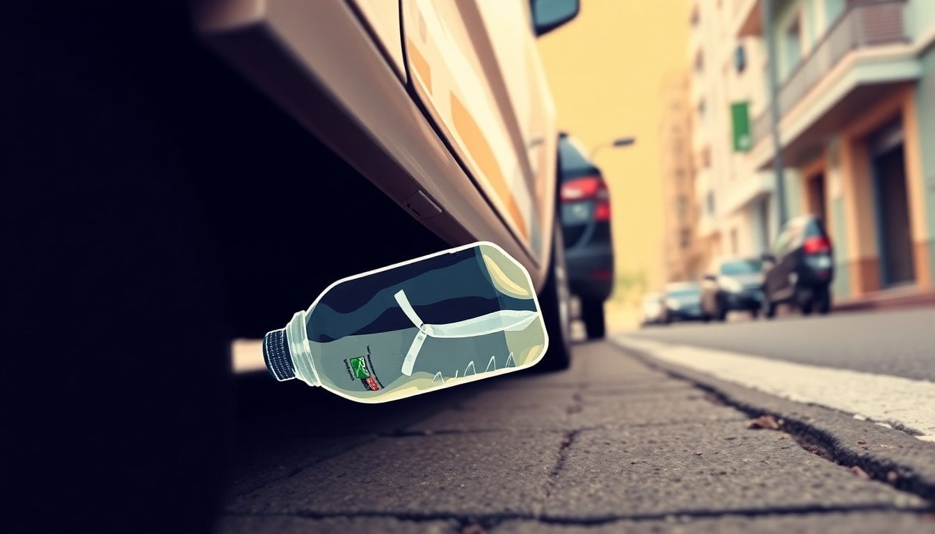plastic bottle wedged against car tire on urban street, close-up, daylight, no people visible