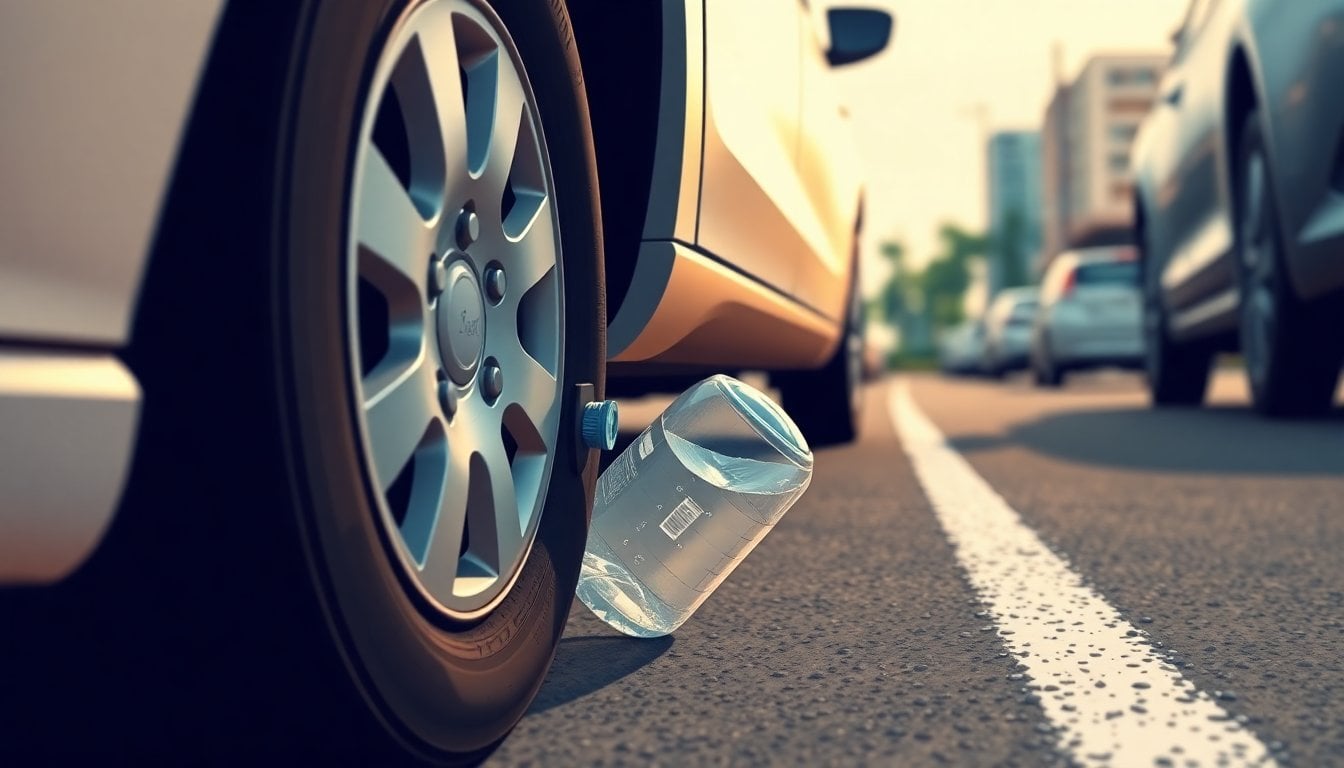 plastic bottle wedged against car tire in an urban parking lot, close-up, asphalt background, daylight