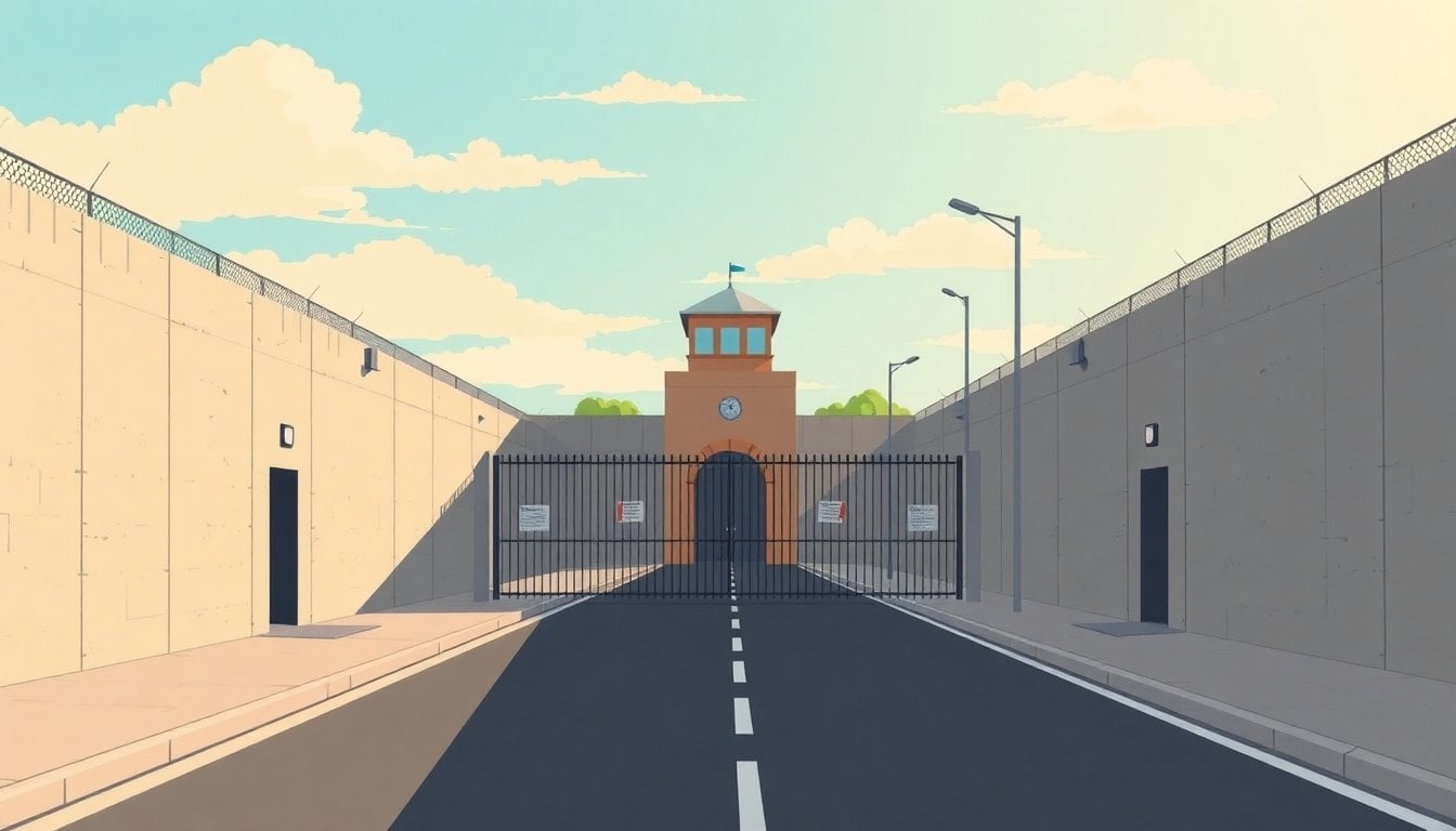 exterior of Bouwer prison near Córdoba, concrete perimeter walls and guarded entrance gate at daylight, empty road, no people visible