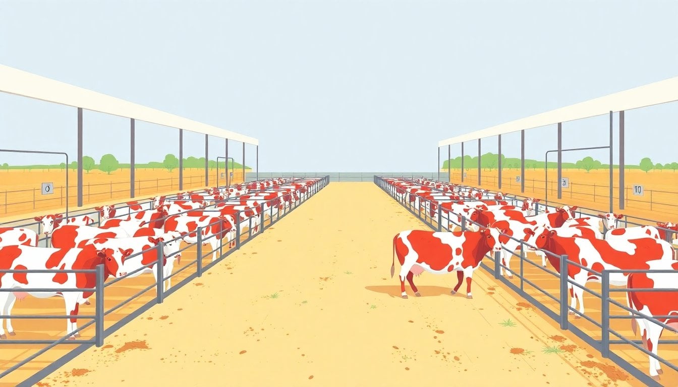 cattle auction rings at a Braford livestock fair in Chaco, numbered pens with branded white and red cattle, rural exhibition grounds, daylight