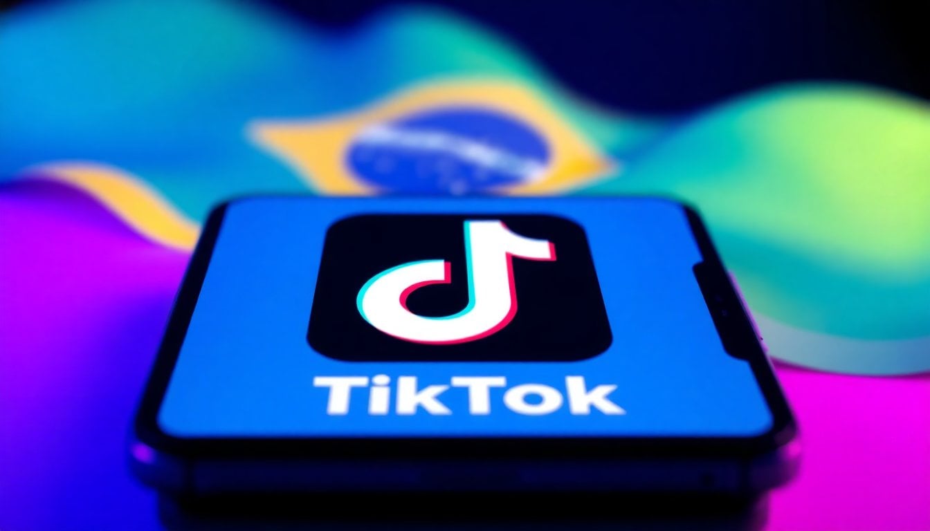TikTok app logo on smartphone screen with Brazilian flag in background, close-up, shallow depth of field