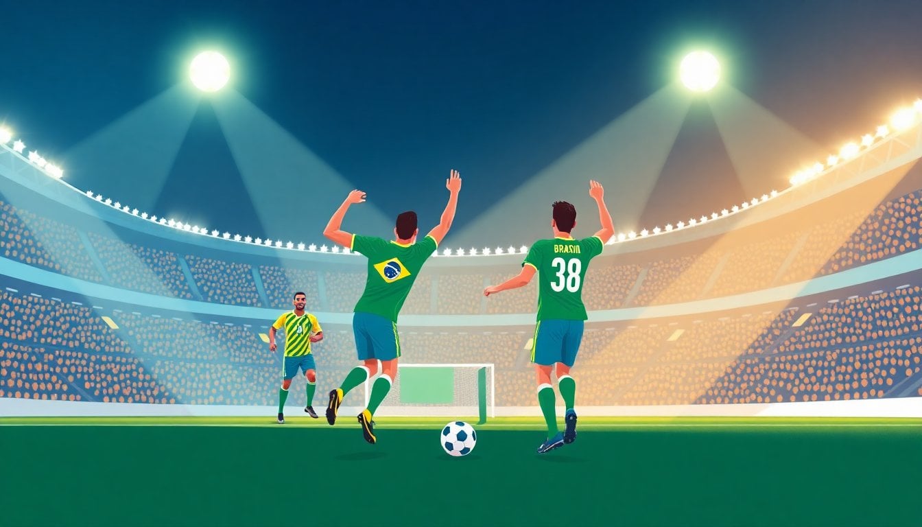 Brazilian national football team players celebrating goal on pitch during international friendly match, green and yellow jerseys, stadium lights
