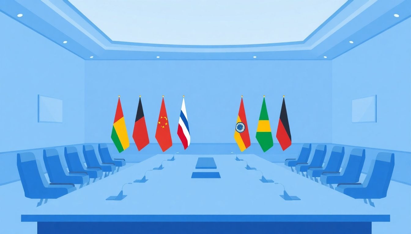BRICS summit meeting room with national flags of member countries displayed, formal conference table, no people in foreground