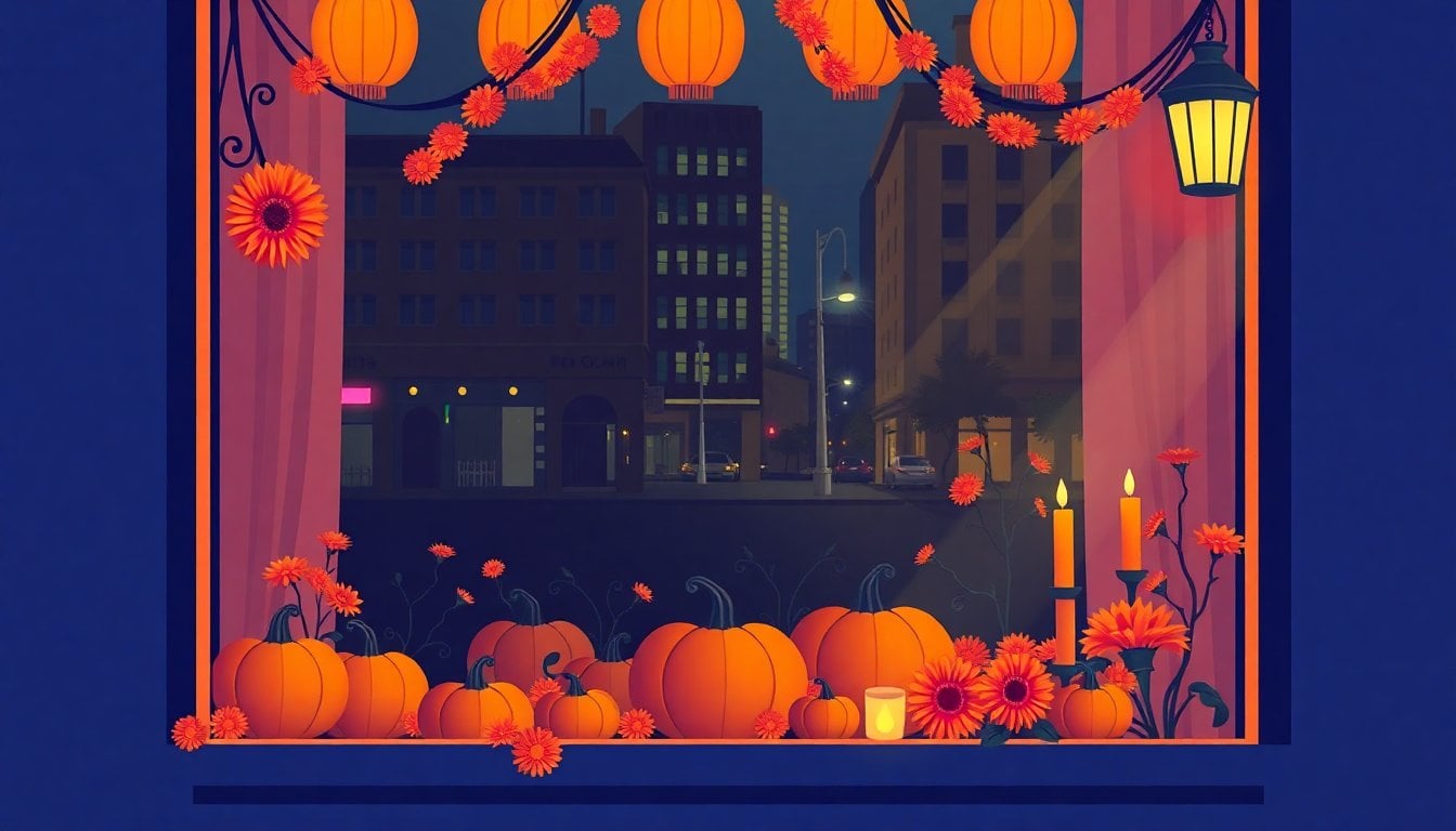 Buenos Aires street window decorated with Halloween pumpkins and Día de Muertos marigold flowers, papel picado, candles, nighttime city reflections, no people visible