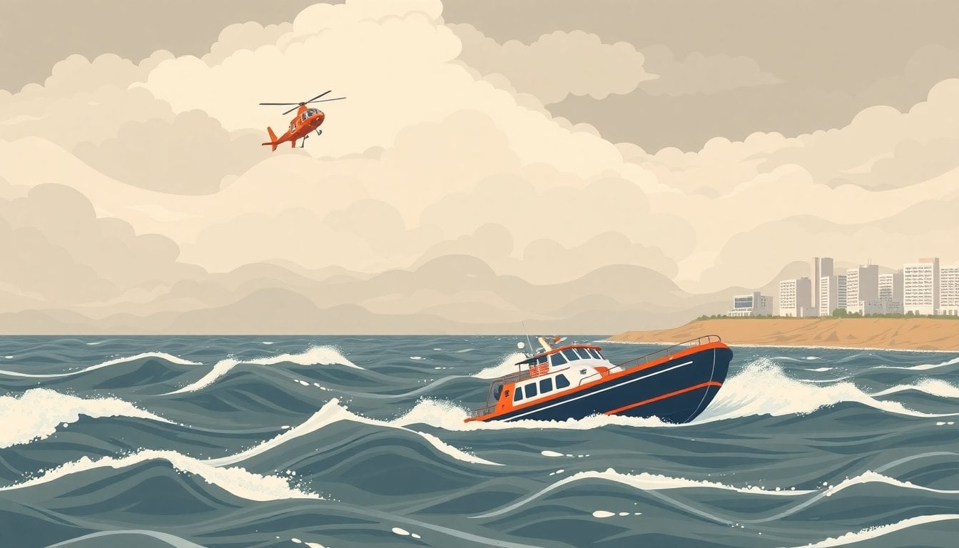 search and rescue boat sweeping rough gray sea near Santa Teresita coastline, helicopter overhead, cloudy stormy sky, Argentine coast