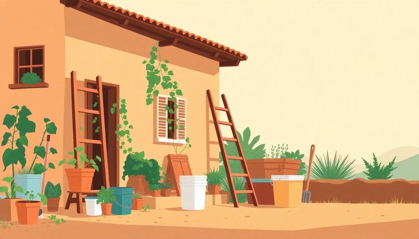 rustic countryside house with vegetable garden, stacked gardening tools, ladder and paint buckets near a Mediterranean-style property, no people visible