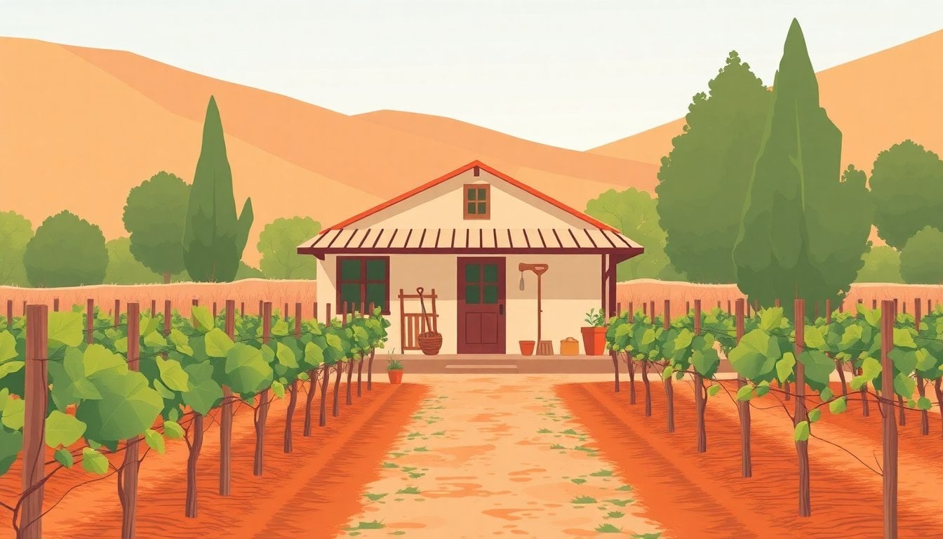 rustic finca in Mendoza with vineyard rows, simple guesthouse, garden tools on porch, daylight, no people visible