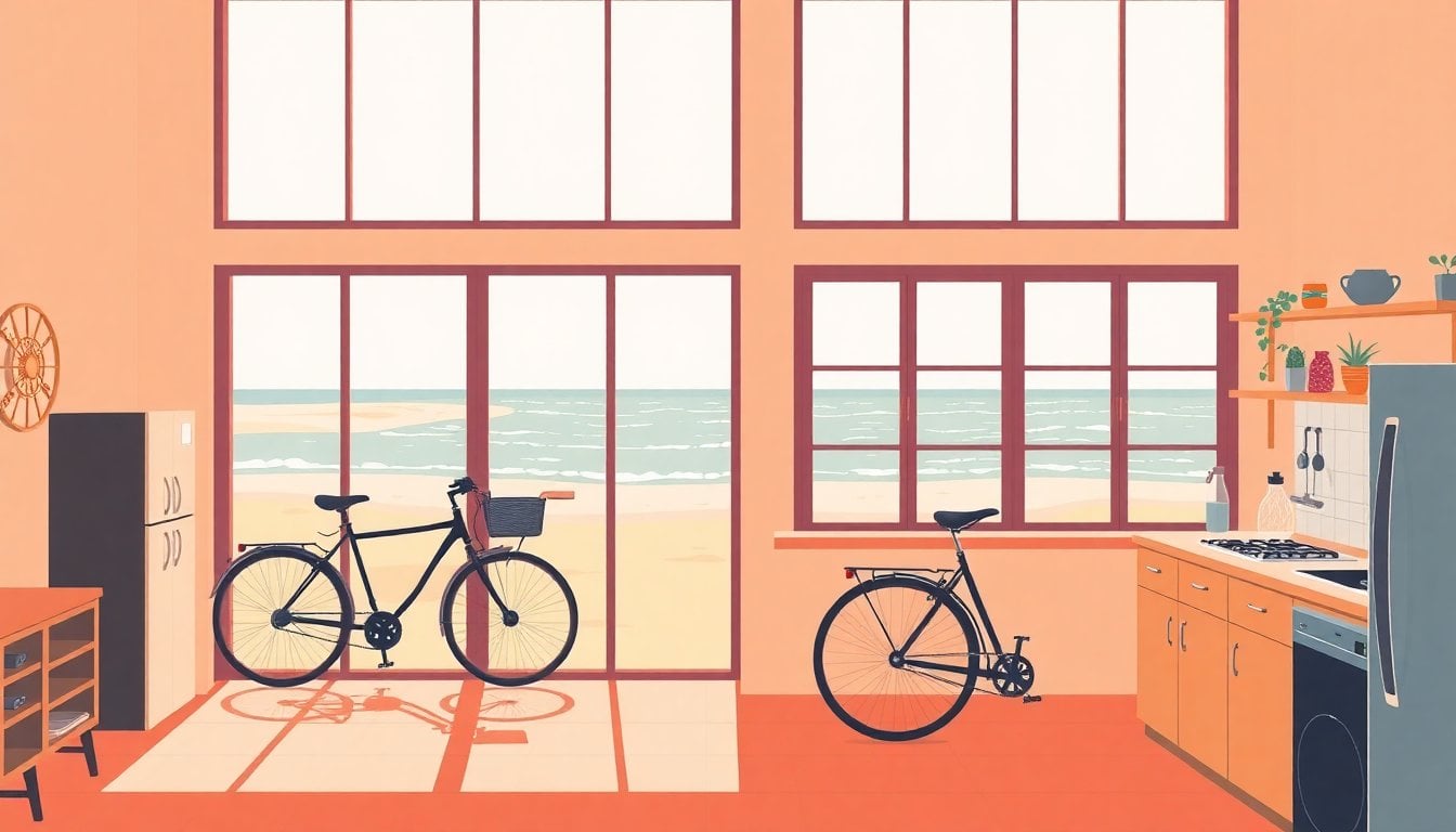 coastal hostel in Necochea facing the sea, simple shared kitchen, bicycles parked outside, sandy beach visible through large windows, daylight