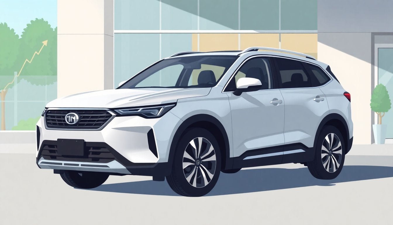 silver BYD Ti7 hybrid SUV parked outside a modern car dealership, large grille, daytime, showroom glass reflections, no people visible