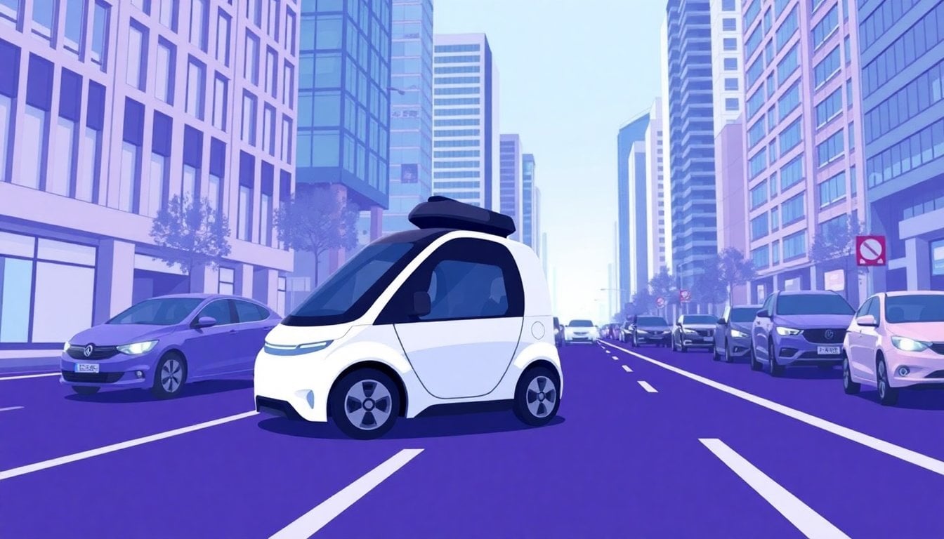 autonomous self-driving vehicle on Buenos Aires city street, urban traffic, modern buildings in background, daylight, no visible driver