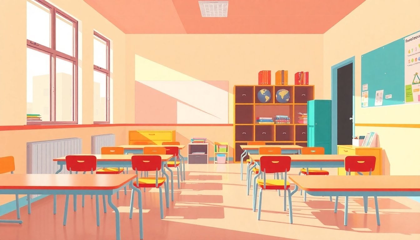 colorful Buenos Aires public kindergarten classroom with small chairs and educational materials, no children visible, bright daylight through windows