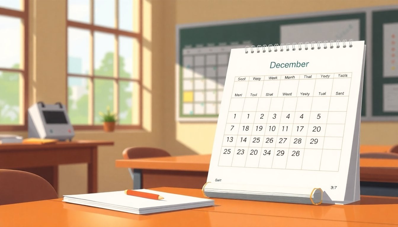 school calendar planner page with December dates, classroom desk, notebooks and a wall calendar in the background, natural light, close-up