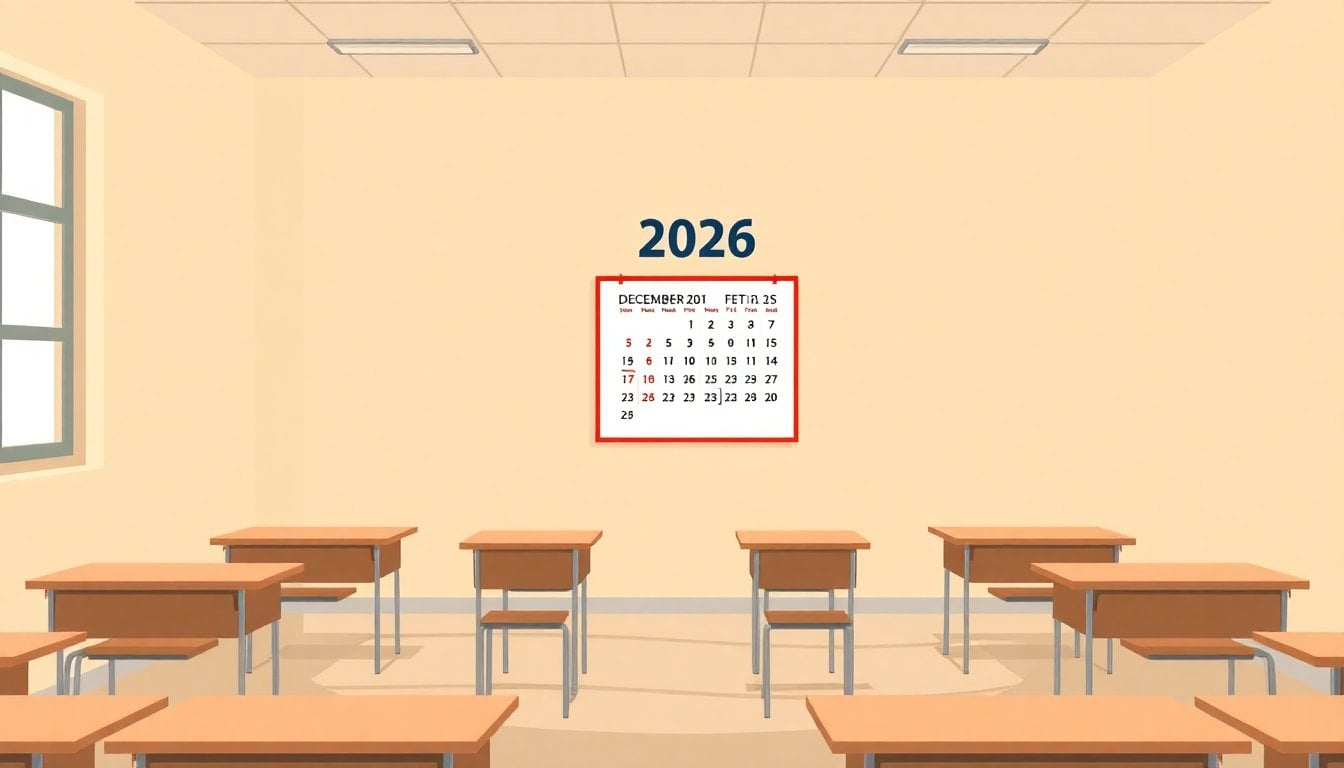 empty classroom with a wall calendar showing December 2026, school desks and chalkboard, daylight through windows, no people visible