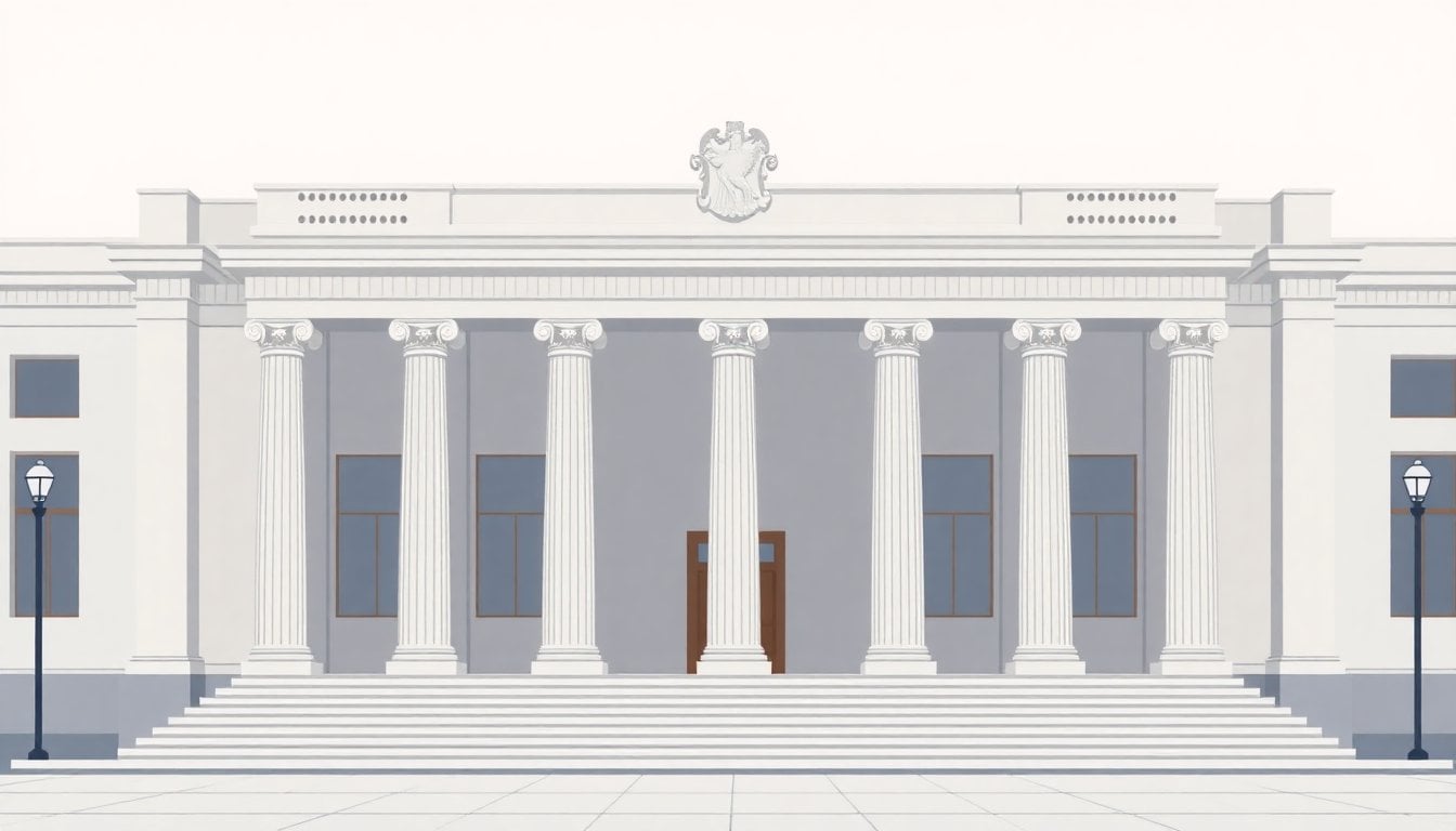Argentine federal court building facade in Córdoba, classic architecture, columns, daytime, no people