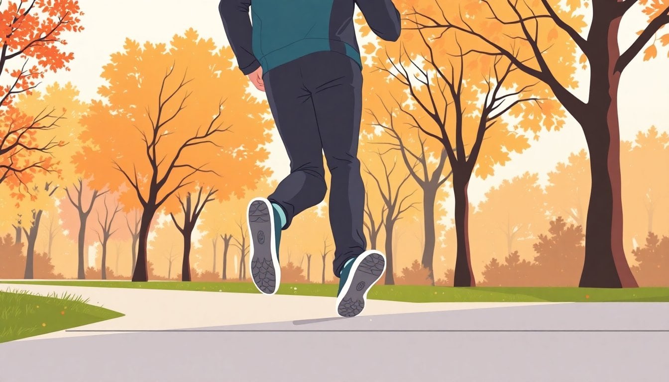 person walking briskly on an outdoor path with visible effort, autumn trees, motion blur on legs, no face shown