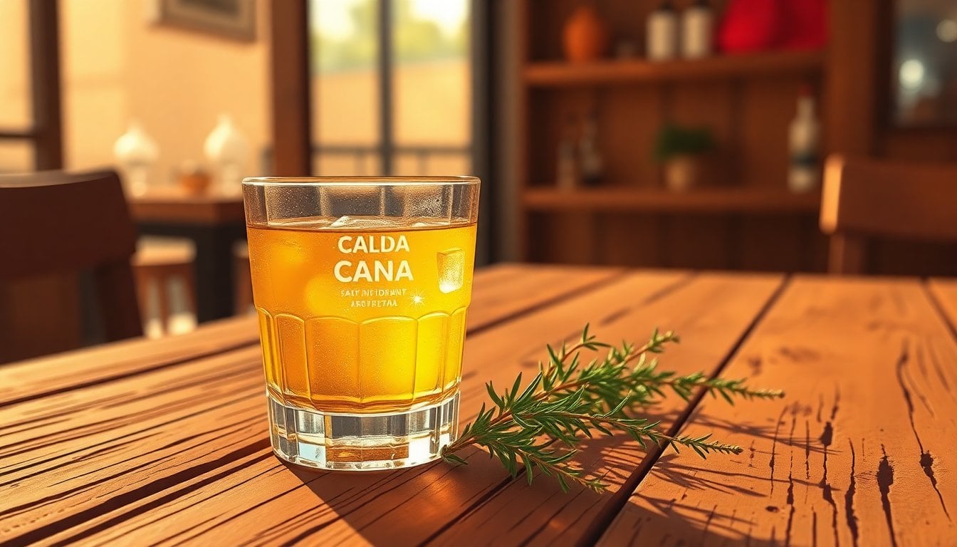glass of caña spirits with ruda herb sprigs on rustic wooden table, Argentine folk ritual, warm natural light, close-up