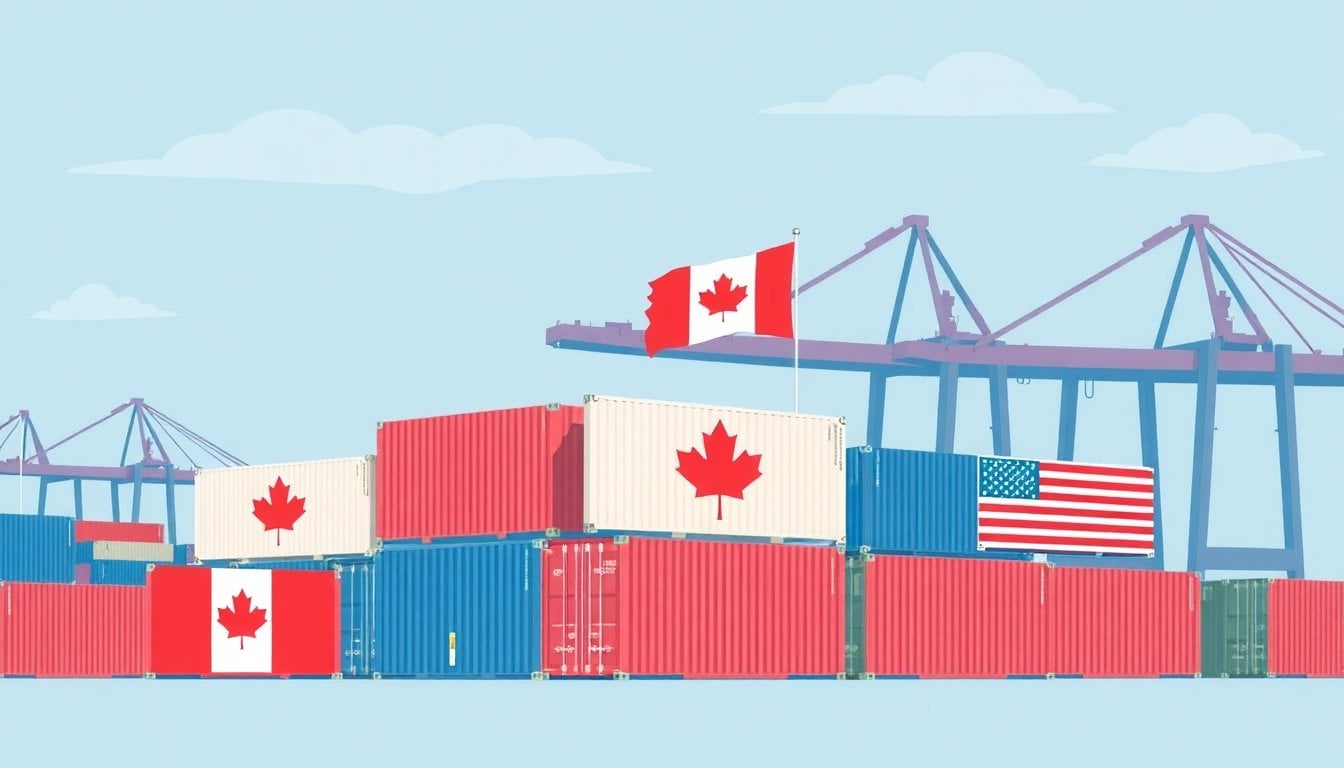 shipping containers at a major North American port with Canadian and US flags visible, cargo cranes in background, overcast sky