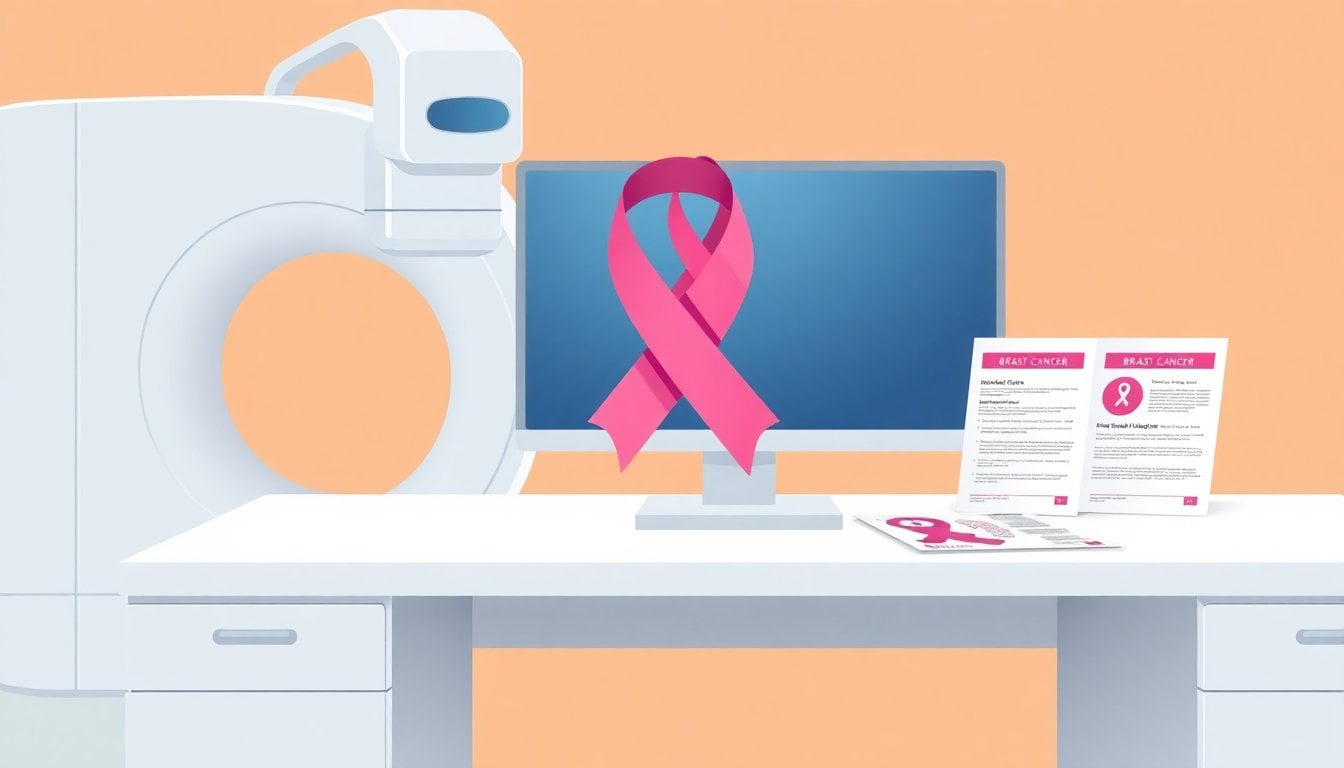 pink awareness ribbon on a white medical desk beside a mammography machine screen and breast cancer informational pamphlets, clean hospital setting