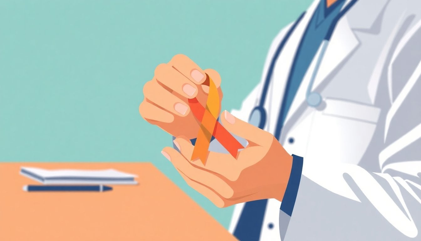doctor holding prostate cancer awareness ribbon during medical consultation, clinical setting, close-up on hands and ribbon, no faces visible
