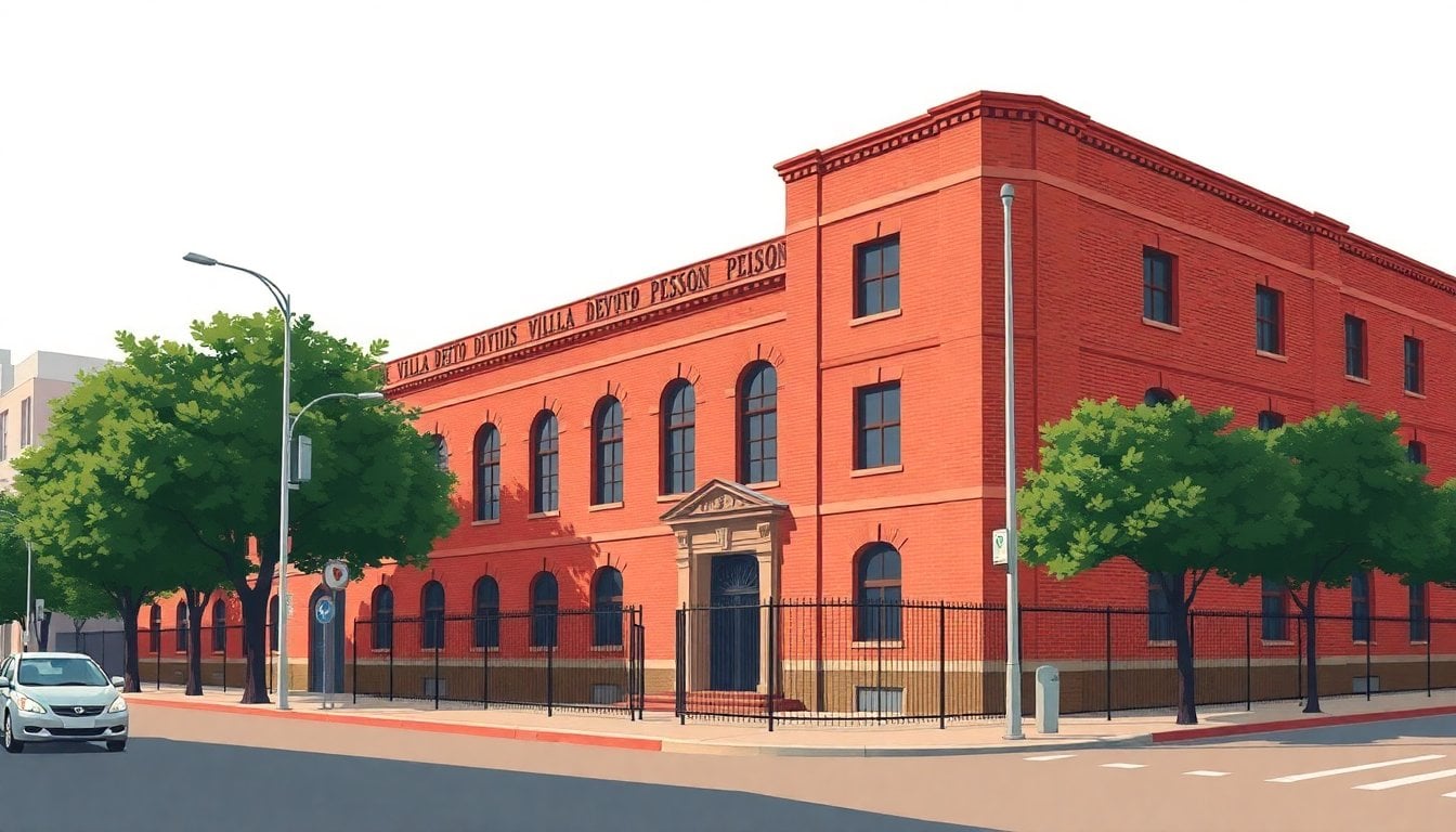 Villa Devoto prison exterior facade Buenos Aires, historic brick building with perimeter wall, street view, daylight