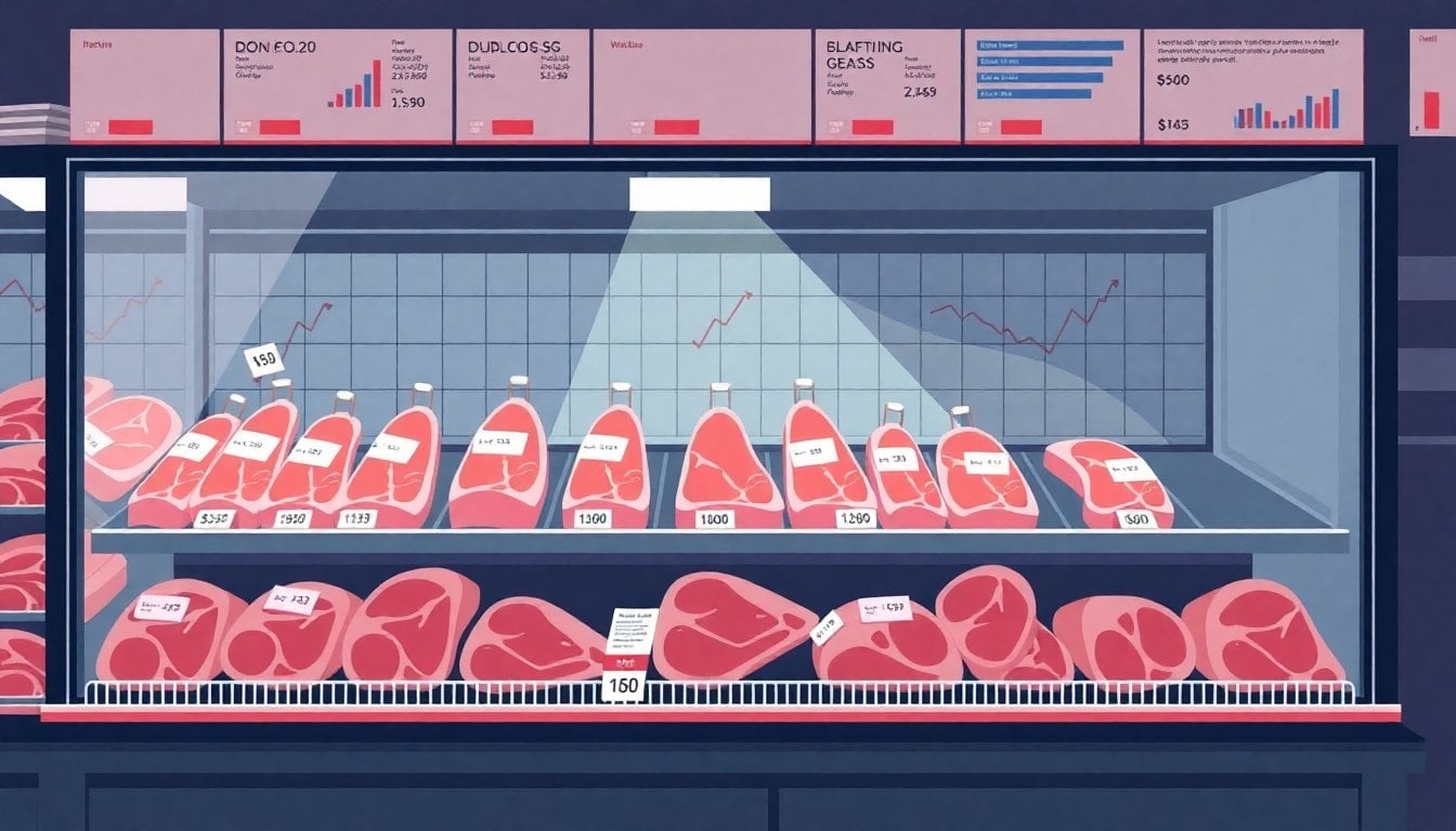 Argentine butcher shop display case with cuts of beef, price tags visible, refrigerated glass counter, Buenos Aires neighborhood store